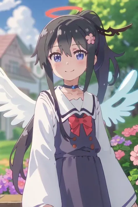 best quality, masterpiece, highres, solo, {hana_shirosaki_watashinitenshigamaiorita:1.15}, black_hair, long_hair, bangs, blush, blue_eyes, hair_between_eyes, hair_ornament, closed_mouth, flower, hair_flower, pink_flower, 1girl, choker, smile, wings, blue_sky, day, green_choker, outdoors, sidelocks, sky, angel_wings, blurry, ponytail, shirt, upper_body, white_shirt, white_wings, cloud, angel, blurry_background, feathered_wings, halo, collarbone, long_sleeves, looking_at_viewer, wide_sleeves