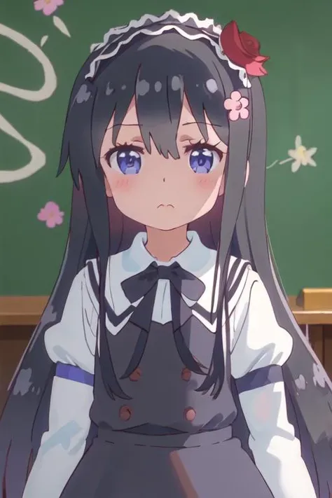 best quality, masterpiece, highres, solo, {hana_shirosaki_watashinitenshigamaiorita:1.15}, black_hair, long_hair, bangs, blush, blue_eyes, hair_between_eyes, hair_ornament, closed_mouth, flower, hair_flower, pink_flower, black_ribbon, gothic_lolita, lolita_fashion, neck_ribbon, ribbon, rose, black_dress, dress, frills, 1girl, hairband, upper_body