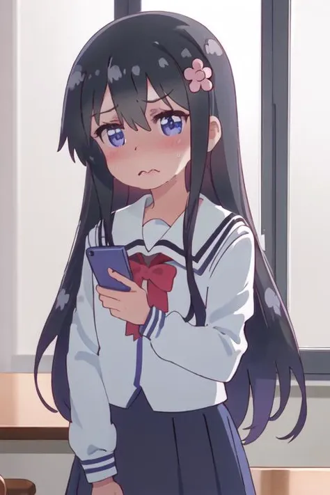 best quality, masterpiece, highres, solo, {hana_shirosaki_watashinitenshigamaiorita:1.15}, black_hair, long_hair, bangs, blush, blue_eyes, hair_between_eyes, hair_ornament, closed_mouth, flower, hair_flower, pink_flower, 1girl, cellphone, holding, holding_phone, phone, sailor_collar, school_uniform, shaded_face, smartphone, sweat, white_sailor_collar, blue_dress, dress, indoors, long_sleeves, open_mouth, red_bow, sailor_dress, shirt, upper_body, very_long_hair, white_shirt, bow, disgust, empty_eyes, gloom_\(expression\), v-shaped_eyebrows, wavy_mouth, window