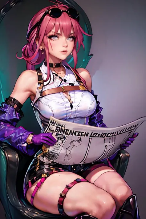 <lora:TomReadingTheNewspaper:0.5> Highly detailed, High Quality, Masterpiece, beautiful, TomReadingTheNewspaper, <lora:TomReadingTheNewspaper:1>, 1girl, KafkaHKS solo, bright pink eyes, furrowed brow, annoyed expression, sunglasses, eyewear on head, choker, long sleeves, collared shirt, bare shoulders, black shorts, purple gloves, purple straps, pantyhose, arm strap, earrings, thigh boots, thigh strap TomReadingTheNewspaper, <lora:Kafka:.8> <lora:GoodHands-beta2:1><lora:EnvyBeautyMix19> TomReadingTheNewspaper