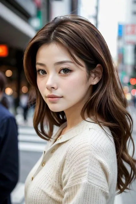 RAW close-up portrait photo, MatsuuraAya wearing casual clothes in busy Tokyo streets, fcDetailPortrait