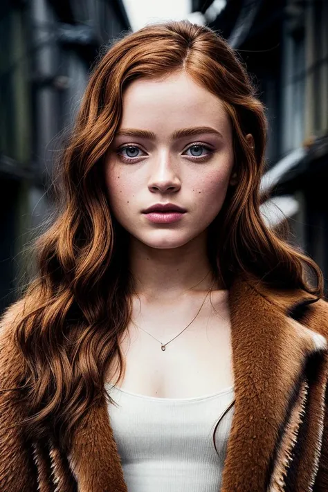 photo of beautiful (s4d1e:0.99), a woman in (slums:1.1), perfect hair, hair upsweep updo, wearing Chocolate Brown (fur coat:1.1),  (American Revolution:1.1), modelshoot style, (extremely detailed CG unity 8k wallpaper), professional majestic (photography by  lee friedlander:1.1), extremely intricate, High (Detail:1.1), Sharp focus, dramatic, soft cinematic light, (looking at viewer), (detailed pupils), (upper body), 4k textures, elegant, ((((cinematic look)))), soothing tones, insane details, hyperdetailed, low contrast, SFW