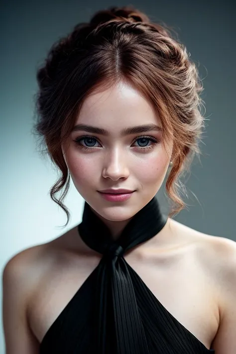 photo of beautiful (sad1es1nk:0.99), a woman with perfect hair upsweep updo, wearing (shoulder sash:1.1), (plain black background:1.1), modelshoot style, (extremely detailed CG unity 8k wallpaper), professional majestic photography, ((smiling:1.2)), (Leica M6 Camera), 24mm, exposure blend, hdr, faded, extremely intricate, High (Detail:1.1), Sharp focus, dramatic, soft cinematic light, (looking at viewer), (detailed pupils), 4k textures, soft cinematic light, adobe lightroom, photolab, elegant, ((((cinematic look)))), soothing tones, insane details, hyperdetailed, low contrast
