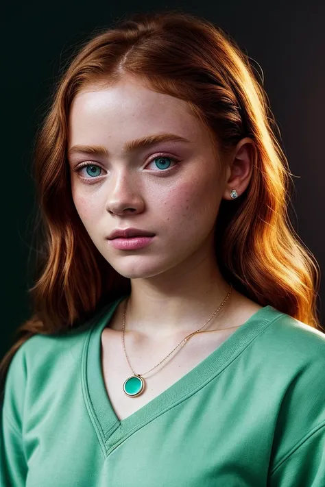 photo of beautiful (s4d1e:0.99), a woman with perfect hair, wearing (80s sweatshirt:1.1), (plain green background:1.1), (necklace), modelshoot style, (extremely detailed CG unity 8k wallpaper), professional majestic photography, (Leica M6 Camera), 24mm, exposure blend, hdr, faded, extremely intricate, High (Detail:1.1), Sharp focus, dramatic, soft cinematic light, (looking at viewer), (detailed pupils), 4k textures, soft cinematic light, adobe lightroom, photolab, elegant, ((((cinematic look)))), soothing tones, insane details, hyperdetailed, low contrast