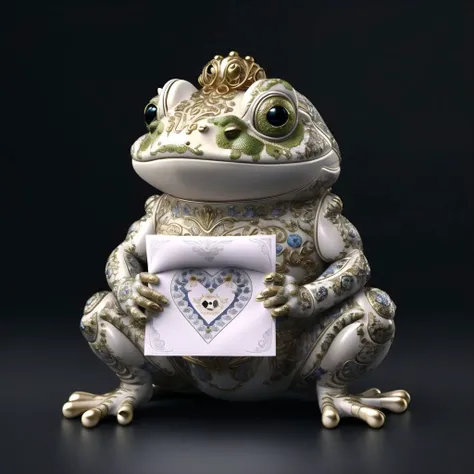 (porcelana preta, Gzhel, RococoStyle:1.0),
corar, frog, Heart, letra, carta de amor, com moedas de ouro ao redor