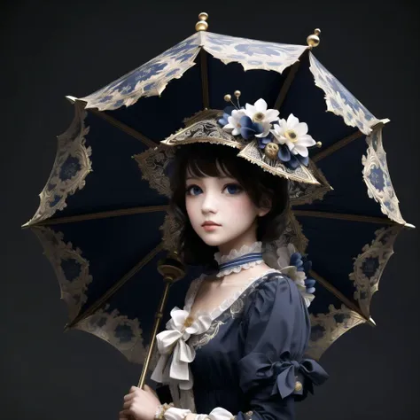 <lora:porcelain_gzhel_black:1.0>, (black  porcelain, Gzhel, rococo:1.0), 

  eyes, gap, hat, long hair, parasol, ribbon, umbrella, ribbons