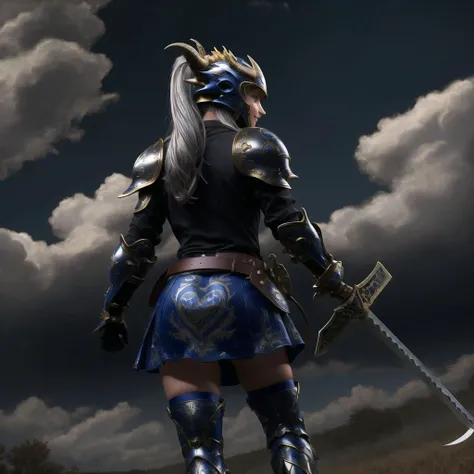 <lora:porcelain_gzhel_black:1.0>, (black porcelain, Gzhel, rococo:1.0),
ass, belt, blue eyes, boots, dragon, elbow gloves, from below, full armor, gloves, heart, helmet, knee boots, kneepits, looking back, monster, ponytail, short hair, silver hair, skirt, sky, smile, sword, weapon, wyvern