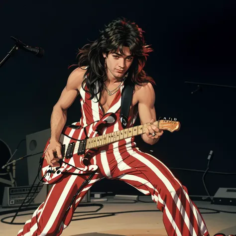 RAW photo, best quality, <lora:zVanHalen:1> Van Halen, a man with long hair, red and white striped jumpsuit