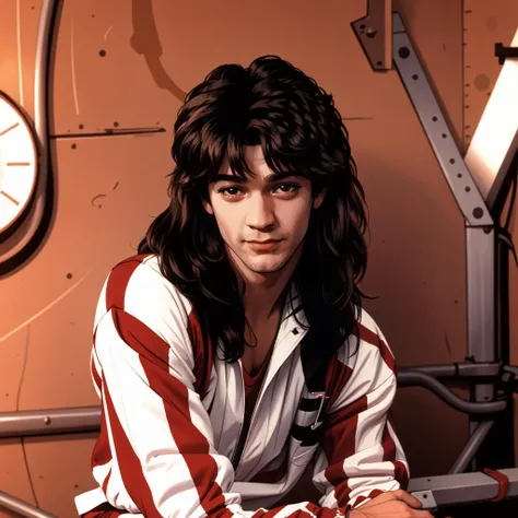 RAW photo, best quality, <lora:zVanHalen:1> Van Halen, a man with long hair, red and white striped jumpsuit