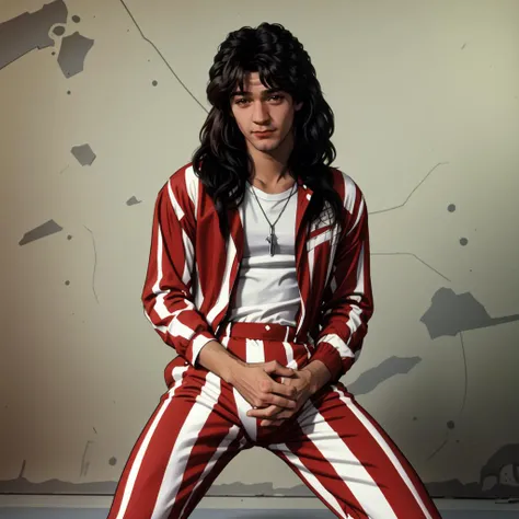 RAW photo, best quality,  <lora:zVanHalen:1> Van Halen, a man with long hair, red and white striped jumpsuit