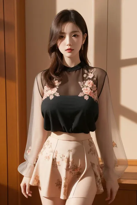 <lora:xinzhongshi0.11:0.6>, xinzhongshi, transparent shirt, patterned clothes, skirt, best quality, masterpiece, illustration, realistic, photo-realistic, amazing, finely detail, incredibly absurdres, huge filesize, ultra-detailed, highres, extremely detailed CG unity 8k wallpaper, nsfw,  Create an illustration of a young KPOP Korean girl wearing an ultra-short skirt and a sheer top with floral patterns that suggest the shape of her breasts and nipples. The image should be a close-up shot, emphasizing the play of light and shadow. The girl should be wearing makeup and have a fashionable hairstyle, striking a pose. The illustration should be presented in high resolution and set in an artistic environment with a stylish background.