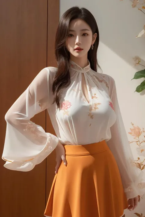 <lora:xinzhongshi0.11:0.6>, xinzhongshi, transparent shirt, patterned clothes, skirt, best quality, masterpiece, illustration, realistic, photo-realistic, amazing, finely detail, incredibly absurdres, huge filesize, ultra-detailed, highres, extremely detailed CG unity 8k wallpaper, nsfw,  Create an illustration of a young KPOP Korean girl wearing an ultra-short skirt and a sheer top with floral patterns that suggest the shape of her breasts and nipples. The image should be a close-up shot, emphasizing the play of light and shadow. The girl should be wearing makeup and have a fashionable hairstyle, striking a pose. The illustration should be presented in high resolution and set in an artistic environment with a stylish background.