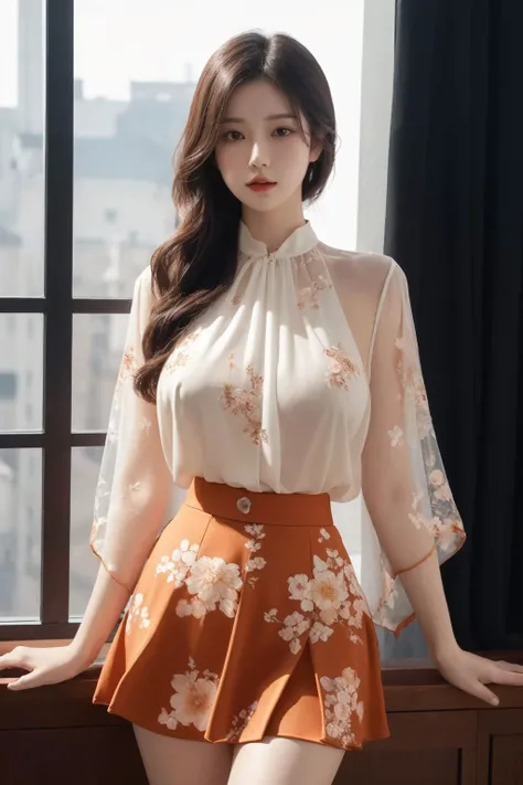 <lora:xinzhongshi0.11:0.6>, xinzhongshi, transparent shirt, patterned clothes, skirt, best quality, masterpiece, illustration, realistic, photo-realistic, amazing, finely detail, incredibly absurdres, huge filesize, ultra-detailed, highres, extremely detailed CG unity 8k wallpaper, nsfw,  Create an illustration of a young KPOP Korean girl wearing an ultra-short skirt and a sheer top with floral patterns that suggest the shape of her breasts and nipples. The image should be a close-up shot, emphasizing the play of light and shadow. The girl should be wearing makeup and have a fashionable hairstyle, striking a pose. The illustration should be presented in high resolution and set in an artistic environment with a stylish background.