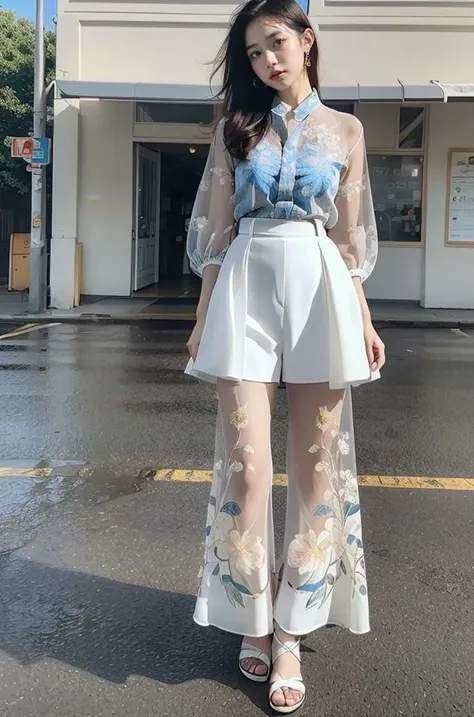 (full_body:1.3),stand,xinzhongshi,transparent shirt,(patterned clothes:1.3),<lora:1.5_perfect hands:0.8>,<lora:chinese-girl:0.7>,<lora:è
¿-000001:0.5>,the perfect hand,<lora:perfect hands:0.8>,arm,v_legs,white shirt,standing,audience oriented,generous,embroidery,xinzhongshi3,high quality,highres,super clear,16k,hud,in the outdoor,realive,realistic,realistic,color matching,<lora:xinzhongshi3:0.8>,(pantywear:1.4),(perspective trouser skirt:1.4),(embroidered pant skirt:1.3),shorts,skirt,, best quality, masterpiece, (photorealistic:1),ultra high res,highres,, illustration. media, delicate,8k wallpaper,soft light,official art, (realistic:1.2),1girl,