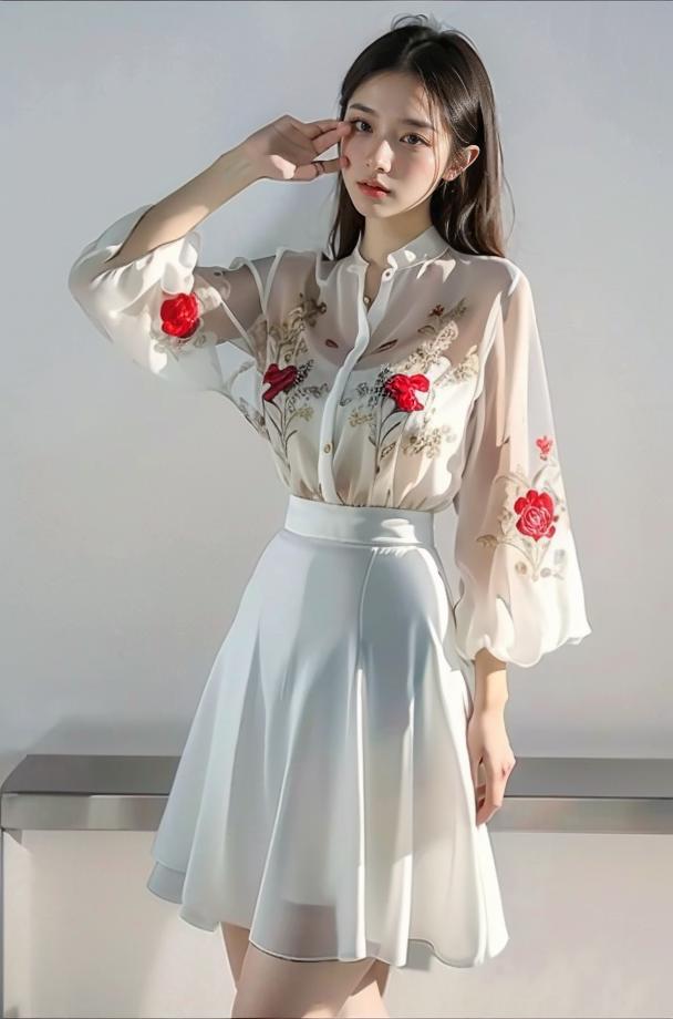 A woman in a white dress with a red rose on it - SeaArt AI