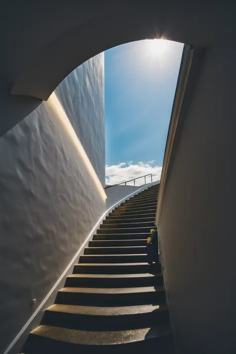 photograph, golden hour, blue sky, clouds, scenery, formal Endless staircase in a village<lora:EnvyDramaticLightingXL02_photo:1>