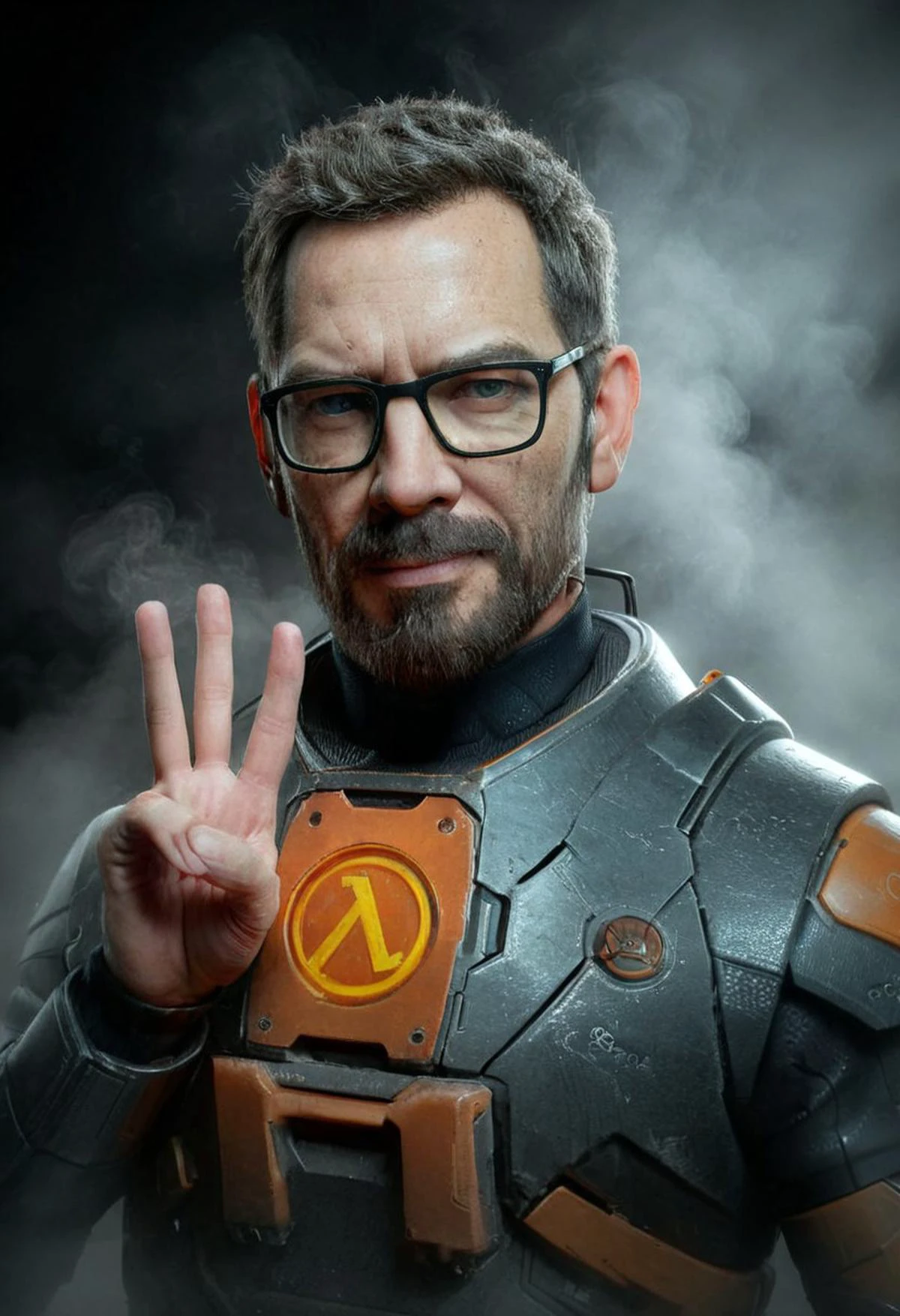 Showing three finger, belomo_kodak_gold, three-finger, mystic haze, dusty atmosphere, closeup, photorealistic, amazing quality, masterpiece, best quality, hyper detailed, ultra detailed, UHD, perfect anatomy, portrait, dof, hyper-realism, majestic, awesome, inspiring, CloseUp Portrait of a Real gordon freeman showing three finger, one Hand Up, charming but tired Smile, skin Details, very detailed skin and scar, old skin, Epic beard, Closeup, looking at Viewer, atmospheric haze, mystic Haze, veiled in shadows in an dark alley, steaming drain backdrop, cinematic composition, soft shadows, very detailed, hd, RAW photograph, masterpiece, top quality, best quality,