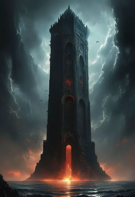 epic and detailed  digital art, grim dark epic fantasy landscape, dark very high tower, red elements, gloomy tower in the middle of a sea storm, crows, heavy sea storm with thunder, evil magical aura around a huge tower in the middle of the sea, gothic architecture, deep dark colors, mysterious, atmospheric, (((gray+ background))), cold colors palette lighting, intricately detailed, meticulous attention to details, best quality, Carne Griffiths, Leonid Afremov, Clayton Crain, Simon Bisley, fantasy aesthetic, epic cinematic composition, trending on Artstation, 3d, 4 post processing, grim-dark fantasy art dreamy, glowing neon glare, backlit, glamour, shadows, smoothness, ultra high definition, 8k, unreal engine 5, super sharp focus, intricate masterpiece art, golden ratio, popular on artstation, very detailed, bright
masterpiece, best quality, hyper detailed, ultra detailed, ultra high definition, 8k, unreal engine 5, super sharp focus, intricate masterpiece art, golden ratio, popular on artstation