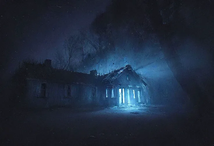 Vision of abandoned destroyed wooden cabin in the woods, creepy forest, blair witch forest, with holes in roof. Winter, volumetric blue light is coming out of the house, freezing night, shot showing roof, shot from drone, blue light in the house. BLUE LIGHT coming out from house, haunted lighting