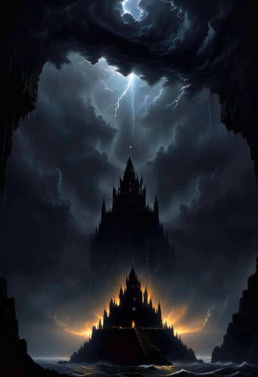 dark very high jail made of stone in the middle of the sea, very high in the sky with many floors, dark fantasy inspiration creepy dark sea storm with thunder, zdislaw beksinski, very high straight stone building with many floors in a fantasy medieval style, masterpiece, best quality, hyper detailed, ultra detailed, ultra high definition, 8k, unreal engine 5, super sharp focus, intricate masterpiece art, golden ratio, popular on artstation