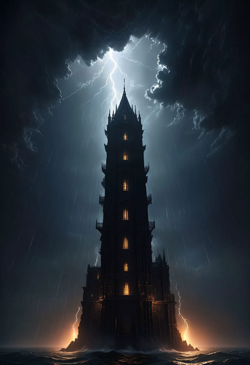 dark very high jail made of stone in the middle of the sea, very high in the sky with many floors, dark fantasy inspiration creepy dark sea storm with thunder, very high straight stone building with many floors in a fantasy medieval style, masterpiece, best quality, hyper detailed, ultra detailed, ultra high definition, 8k, unreal engine 5, super sharp focus, intricate masterpiece art, golden ratio, popular on artstation