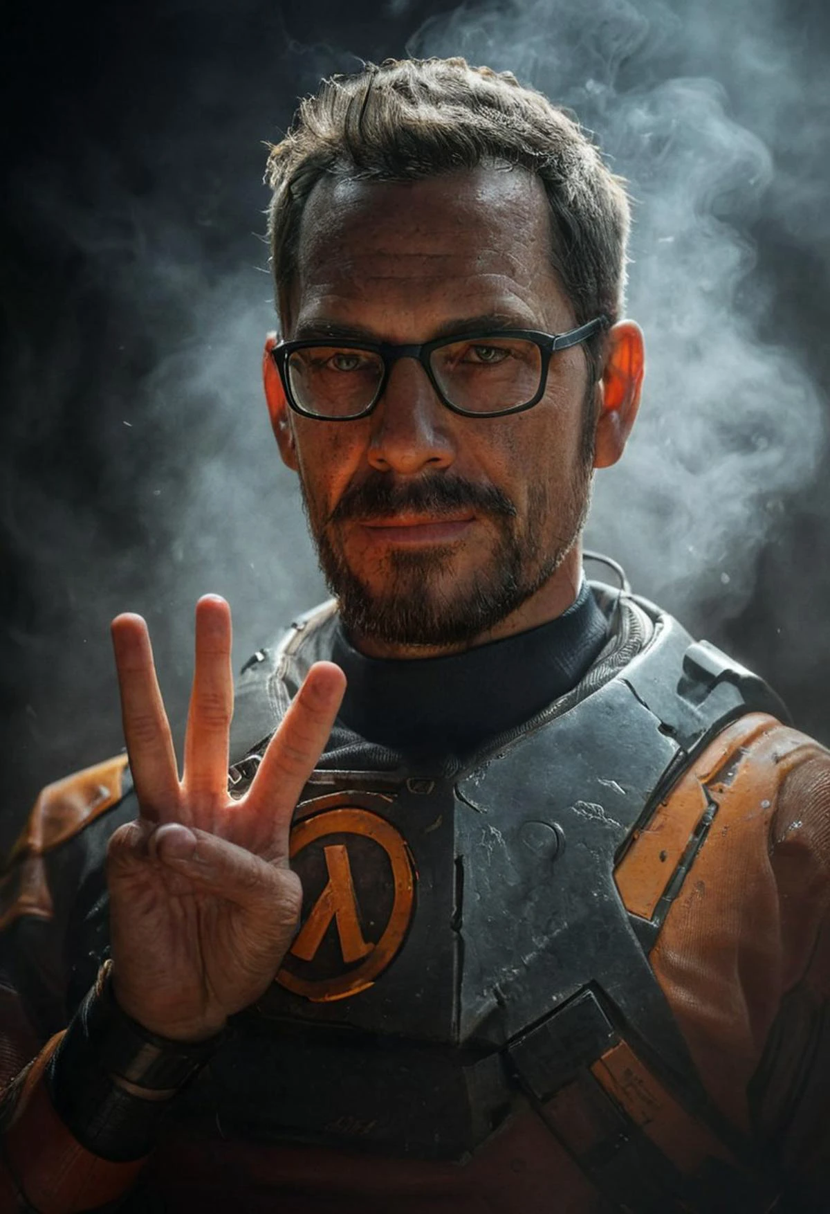 Showing three finger, belomo_kodak_gold, three-finger, mystic haze, dusty atmosphere, closeup, photorealistic, amazing quality, masterpiece, best quality, hyper detailed, ultra detailed, UHD, perfect anatomy, portrait, dof, hyper-realism, majestic, awesome, inspiring, CloseUp Portrait of a Real gordon freeman showing three finger, one Hand Up, charming but tired Smile, skin Details, very detailed skin and scar, old skin, Epic beard, Closeup, looking at Viewer, atmospheric haze, mystic Haze, veiled in shadows in an dark alley, steaming drain backdrop, cinematic composition, soft shadows, very detailed, hd, RAW photograph, masterpiece, top quality, best quality,