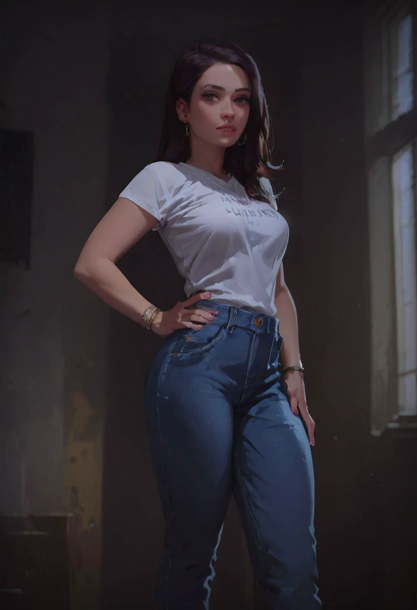 score_9, score_8_up, score_7_up, 1girl, pants, hand on hips, white t-shirt,