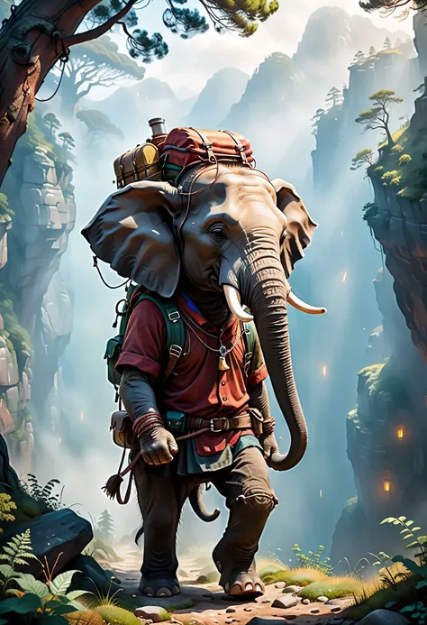 painting of an elephant with a backpack walking through a forest