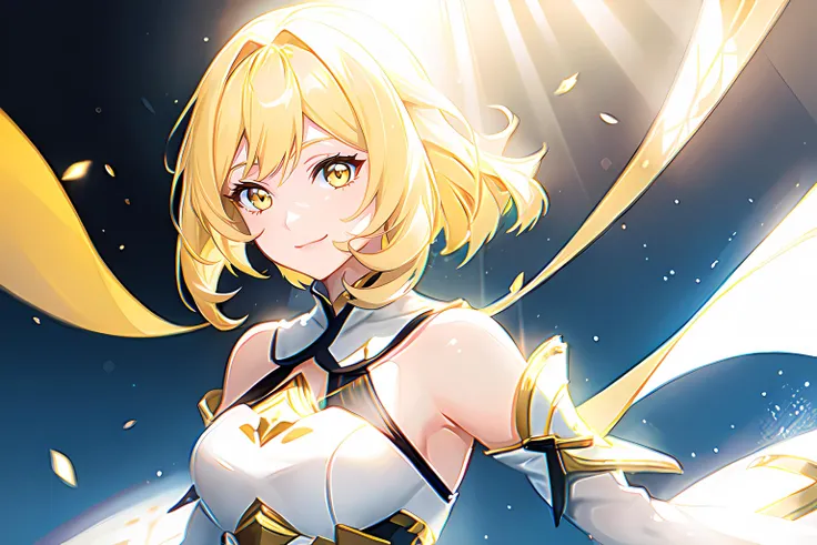 a close up of a person with  cut blonde hair, konosuba, sarcastic smile, no watermark signature, saint woman, hyper dimension, inspired by Edwin Dickinson, tall thin beautiful goddess, meme template, neutron, antialiased, sarcastic, colors: yellow, uranium, perfect future, solo, large chested, she is wearong a white and gold suit of armor, decolletage