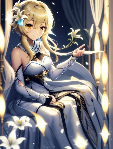 1girl, <lora:Lumine LoRA v2:0.65>, solo, forest, Highres, a detailed painting, particle of light, soft lighting, bangs, bare_shoulders, blonde_hair, breasts, closed_mouth, curtains, detached_sleeves, dress, flower, hair_between_eyes, hair_flower, hair_ornament, lily_\(flower\), flower hair only on the right side, long_hair, looking_at_viewer, lumine_\(genshin_impact\), medium_breasts, sitting, smile, solo, white_dress, white_flower, white_legwear, yellow_eyes