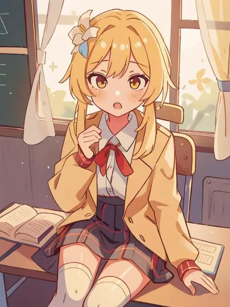 1girl, lumine, blonde_hair, black_legwear, yellow_eyes, chair, hair ornament , flower, classroom, curtains, desk, jacket, long_hair, open_mouth, plaid, plaid_skirt, red_ribbon, ribbon, school_desk, school_uniform, sitting, skirt, sobu_high_school_uniform, solo, thighhighs, window, <lora:Lumine wangy v3:1>