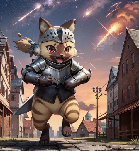 palico, red eyes, black hair, knight armor and helmet, running, detailed background, destroyed town and castle, red fiery sky, raining meteors, non-human, furry, weapon, best quality, highly detailed,