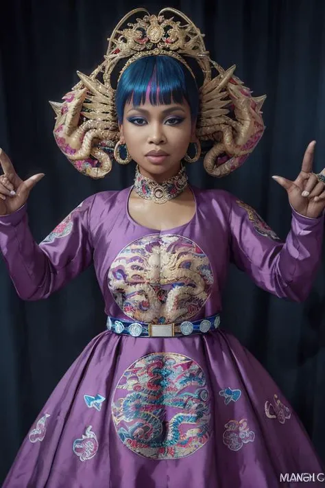 8k uhd, nicki minaj wearing a hot pink dragon_gown, promotional image, Canon EOS-1D X Mark III <lora:lowra_v10:.6> <lora:dragon_gown_v1:.7>