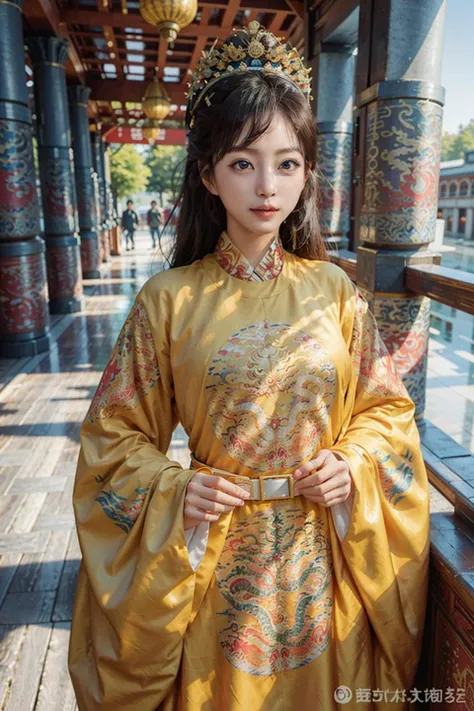 1girl, long hair, yellow dragon_gown, indoor, masterpiece, best quality, photorealistic, ancient eastern palace,  inside Forbidden City, <lora:Han_Ye_Seul_v3:1>