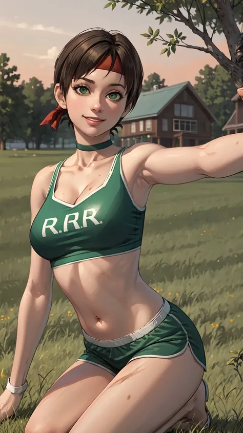 (masterpiece, best quality:1.2),<lora:rebecca_chambers_sportswear:0.9>,rebecca chambers sportswear,1girl,solo,shorts,navel,breasts,green eyes,large breasts,midriff,headband,choker,green shorts,crop top,landscape,orange sky,outdoors,dirt,hiding,tall grass,tree,blurry,kneeling,selfie,looking at viewer,smile,pov selfie,santa hat,snow,