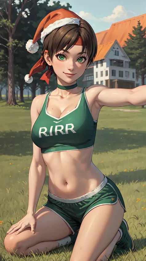 (masterpiece, best quality:1.2),<lora:rebecca_chambers_sportswear:0.9>,rebecca chambers sportswear,1girl,solo,shorts,navel,breasts,green eyes,large breasts,midriff,headband,choker,green shorts,crop top,savannah,landscape,hot,orange sky,outdoors,grass,dirt,hiding,tall grass,tree,blurry,kneeling,selfie,looking at viewer,smile,pov selfie,santa hat,snow,