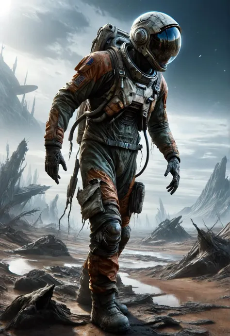 a man in a space suit walking through a barren area