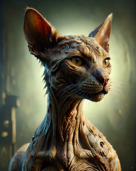 A detailed image of a being with three different heads united by the same body, each head has its own personality, one is that of a feline similar to a cat, The middle head is that of an attractive man with a beard and bright eyes and the third head is that of a toad or reptilian..
The body is humanoid musculature, Two arms and two legs.
The angle of the camera allows you to fully visualize this three-headed hybrid being in all its splendor. (high quality) (Masterpiece) (image completely)