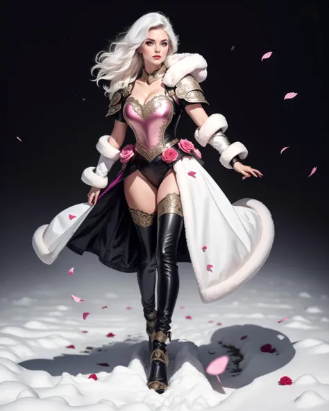 1girl, solo, photogenic adult woman maiden,  h34rt, heart:1.2  eyeliner, eyeshadow, makeup, (rouge), puffy rose short sleeves, full body, snowy winter field,  winter coat, (ornate breastplate), fur trim, plunging neckline, large breasts, (curled bob:1.1), [art deco hair clip] hair,  (white hair), cleavage, photo by David LaChapelle, high quality, best quality, high detail, highres, wide angle shot,shadows above, falling petals, <lora:HeartCuirass-68:0.8>, high heels,