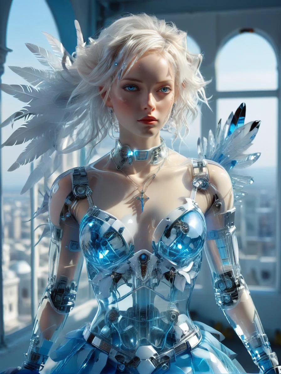 UHD, 4k, ultra detailed, cinematic, a photograph of Mechanical prosthetics, cyberpunk, science and technology, human reconstruction, advanced, mechanical promotion, bone remodeling, body reconstruction, white cathedral (very clean and bright) - many transparent glass windows, white long hair, white stockings, white gloves, messy hair, hair flowing in the wind, oversized documents, high details, (masterpiece, best quality), extremely delicate and beautiful girl, feathers, small chest, glittering, Solo, white dove, beautiful detail sky, beautiful detail eyes, skirt - gem necklace - gem pendant, bare shoulder, room full of blue crystals (very much), upper body, <lora:f412glassXL:0.8> glass, transparent, translucent, <lora:PAseer-SDXL-Transparent Robot:0.8> transparent robot, transparent mecha, epic, beautiful lighting, inpsiring