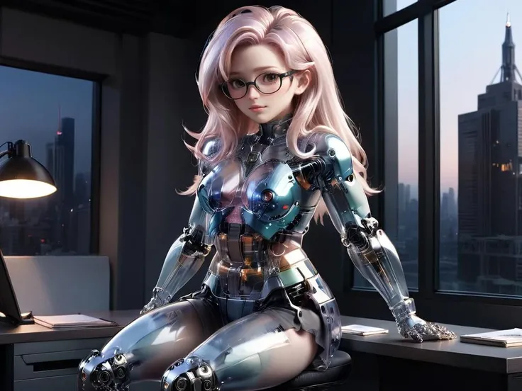 transparent robot, transparent mecha, a lewd lady with long messy hair, wearing glasses and tight skirt with pantyhose, nose blush, half-closed eyes, open mouth, spreading legs,  sitting on desk in dark office room, window wall showing cityscape outside at night pa <lora:PAseer-SDXL-Transparent Robot:1>