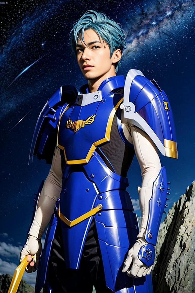 Tenku toma ,<lora:Tenku toma_V1:0.75>,(MASTERPIECE:1.2),(REALISTIC:1.2), blue hair,Lanky,armor,
(masterpiece, ultra quality, high resolution, 16k, intricate: 1.2), (detailed face:1.2),(photorealistic:1.4),handsome,male focus, portrait,
looking away, starry sky, night, star,stone,