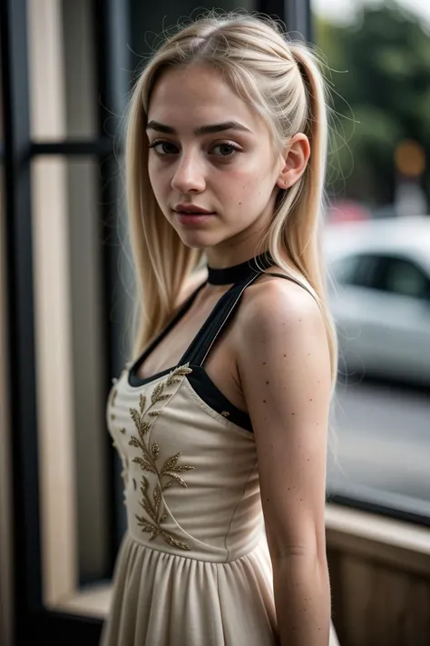 RAW photo, tv_Jane_Blonde_MXAI_V1 , neutral expression,standing, wearing cocktail dress , prison cell, pale skin, shot from the side, full body shot, flirting with the camera, instagram pose, photo, f1.4, 40mm, raw, 8k, textured skin, skin pores, intricate details, PA7_Photo <lora:detail_slider_v4:0.7>
