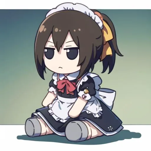 masterpiece, best quality, fumo, sitting, doll, <lora:fumo:0.8>, hisako, <lora:hisako:1>, maid outfit, ponytail, grey eyes