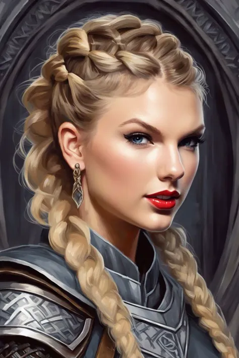 A digital high fantasy painting on a magic the gathering card of Taylor Swift with An intricate faux hawk braid, with tightly woven cornrows on the sides leading to a voluminous braided crest along the center. hairstyle, posing in a game of thrones stark family uniform with the stark wolf banner in the background <lora:taylor_lora_sdxl_v1:0.8> ohwx woman, ohwx