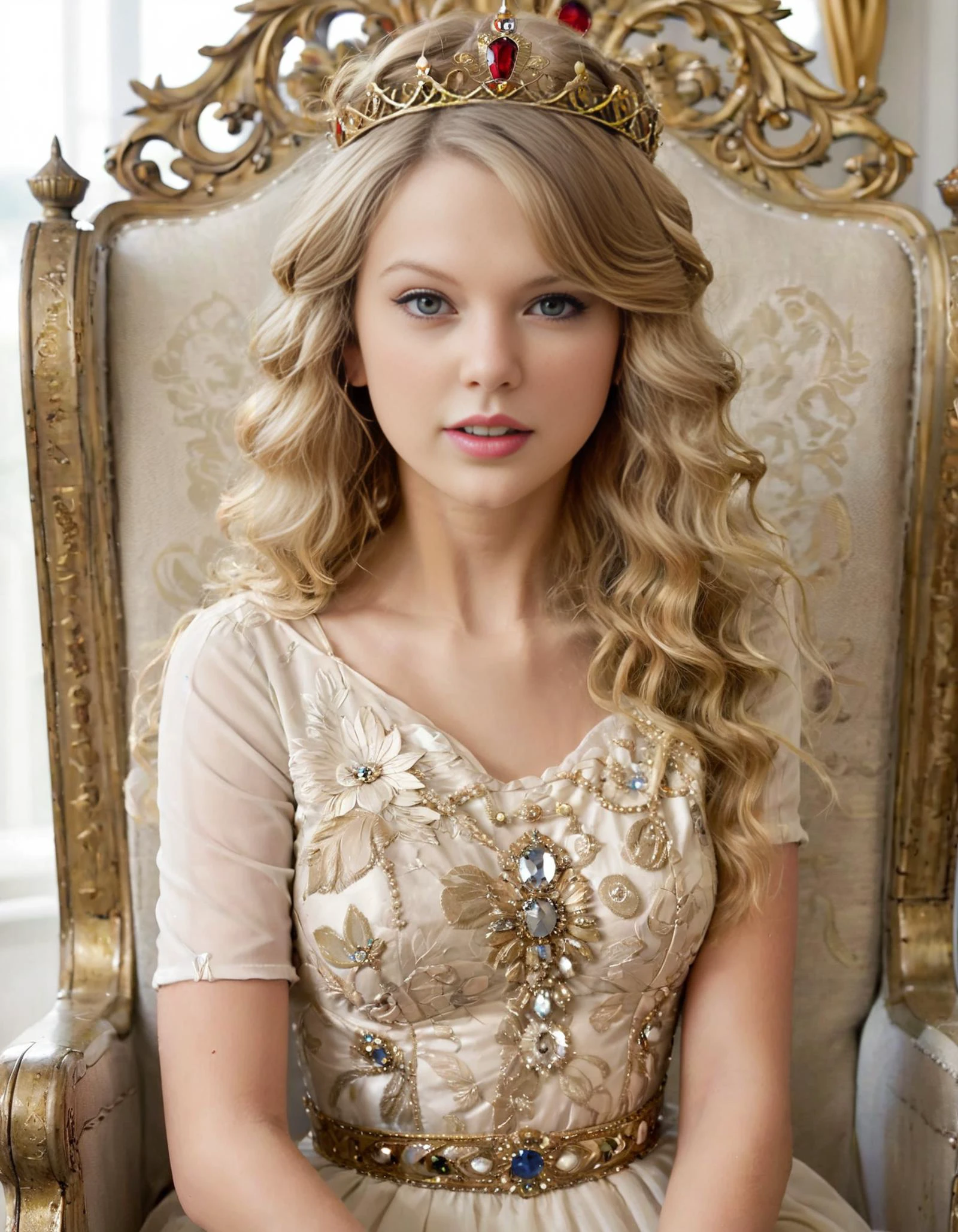 A portrait photo of (ohwx woman) <lora:taylor_lora_sdxl_v1:1> royal queen, crown, elegant gown, intricate details, grand throne, jewel inlay, by Artgerm and Raphael Lacoste