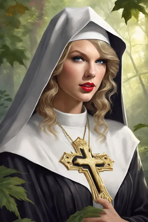 A digital high fantasy painting on a magic the gathering card of Taylor Swift with A bold undercut with one side of the head shaved close, while the other side cascades with long, wavy tresses. hairstyle, posing ,(Nun outfit: A long black robe with a white headpiece and a cross around the neck, paired with black Mary Jane shoes. The outfit would suggest obedience and devotion:1.3)., <lora:taylor_lora_sdxl_v1:0.8> ohwx woman, ohwx, Sunlight through leaves or branches creating patterns (Leaf/Branch Patterns)., (Morning Haze:1.3),