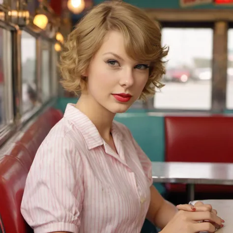 in a diner background, photograph, 85mm medium format photo, (ohwx woman), , with a classic haircut, wearing casual clothes ,<lora:taylor_lora_sdxl_v1:1>