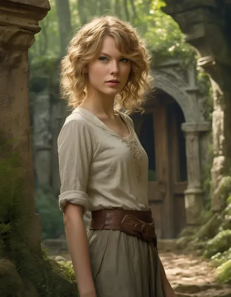 a highly detailed matte painting of a (ohwx woman) <lora:taylor_lora_sdxl_v1-000008:1> with shaggy hair and hip clothes standing in front of a stone gate in the elven forest ruins, by studio ghibli, by artgerm, by wlop, by greg rutkowski, detailed face, perfect eyes, volumetric lighting, octane render, 4 k resolution, trending on artstation, masterpiece