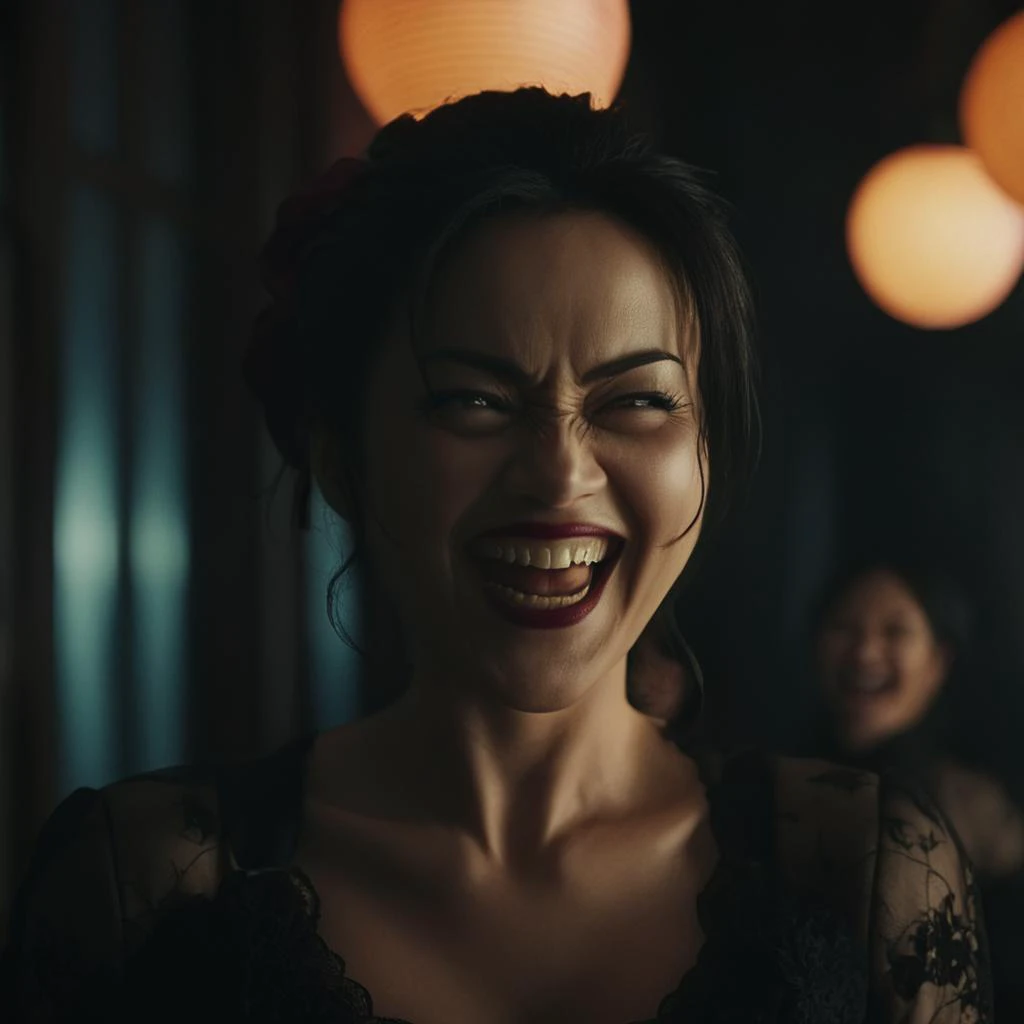 cinematic film still of <lora:Nami kozono:0.9>
Nami kozono a cinematic realistic photo of a sinister woman with an evil laugh smile, shallow depth of field, vignette, highly detailed, high budget, bokeh, cinemascope, moody, epic, gorgeous, film grain, grainy